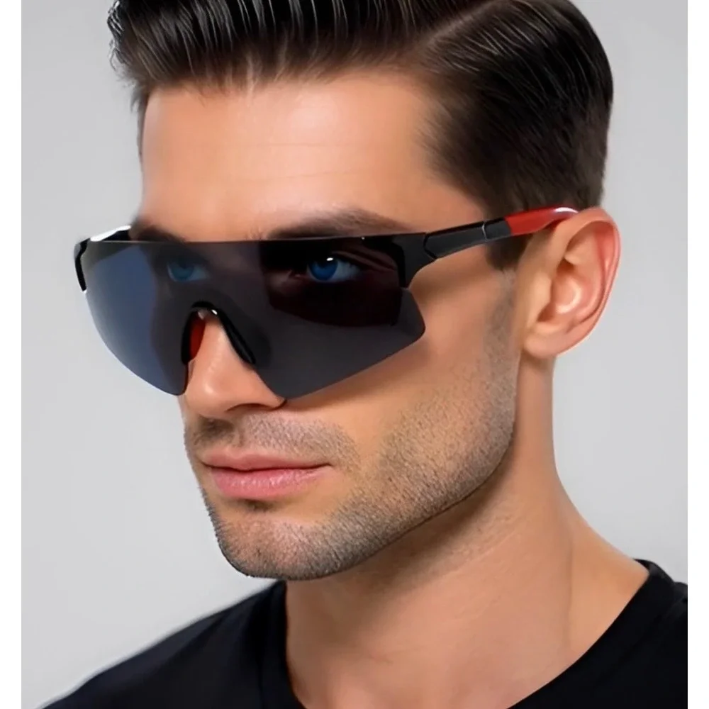 Mens Shield Sport Sunglasses Black‎ Red Rimless Wraparound Activity UV400 Lentes